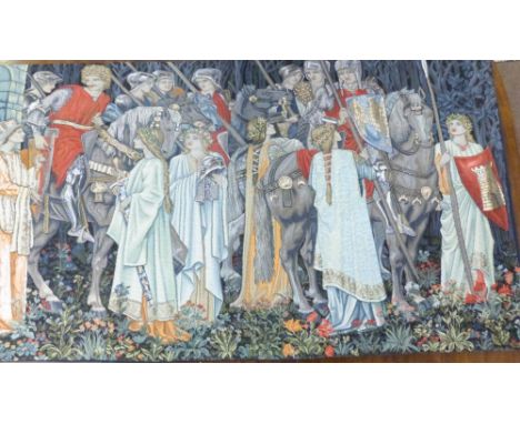 Small 20th century French machine tapestry, "La Quete du Saint Graal", 67cm x 122cm, together with a pair of similar machine 