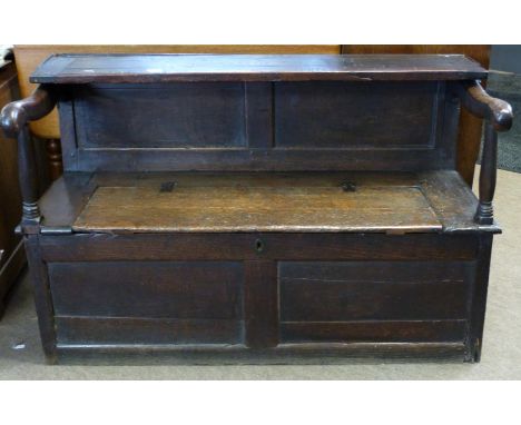 17th/18th century oak box seated settle with unusual folding section to back forming a shelf in the style of a monks bench, h