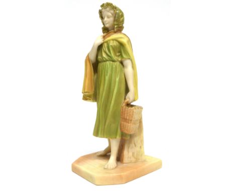 Royal Worcester model of a young girl carrying a basket, by a plinth, after Hadley, on shaped base, 17cm high, Royal Worceste