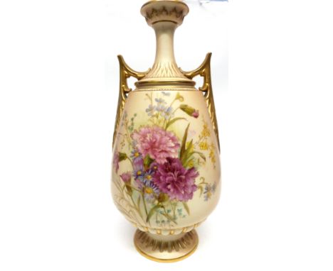 Royal Worcester vase, the blush ground decorated with floral sprays in red with gilt highlights and gilt handles to neck, 28c