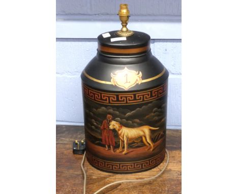 Colonial style toleware canister table lamp hand painted with figure with bull mastiff dog in landscape, 48cm tall