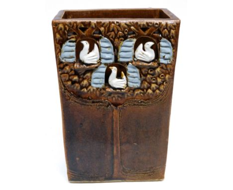 Rectangular shaped vase, the top pierced with three models of birds in a blue surround, the base marked "Wellington Mill, Her