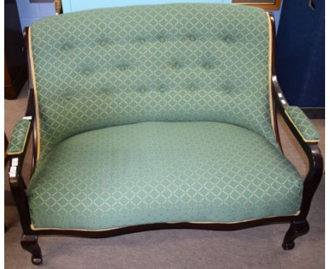 Late 19th century dark stained three piece cottage suite comprising a two-seater sofa and two armchairs, all upholstered in g