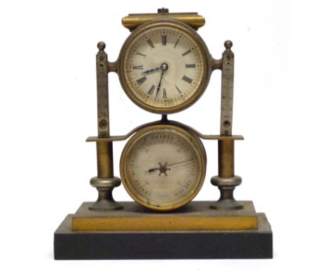 Clock and barometer on rectangular metal base, flanked by temperature gauges, 19cm high