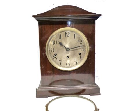Large Edwardian mantel clock with silvered dial, mahogany case, 36cm high