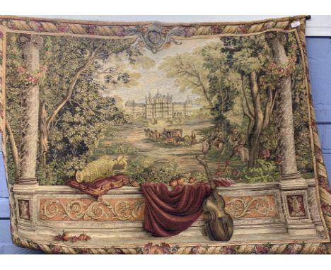 20th century machine tapestry depicting a coach and four before a country mansion, with metal hanging rods, 103cm x 140cm