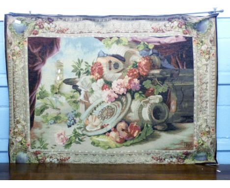 20th century machine tapestry depicting groups of flowers, vase and a mandolin on a terrace, height 97cm x width 143cm 