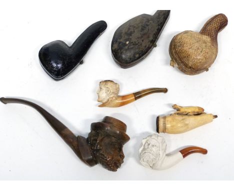 Small plastic case containing a Meerschaum type pipe and leather pipe cases (5)
