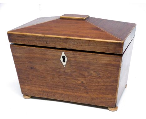 Regency style caddy with ivory inlaid escutcheon and wooden bun feet, 19cm long