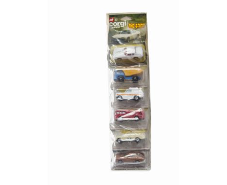 Corgi Juniors Trade Pack, comprising 68 Kojak Buick, 32 The Saint Jaguar XJS, 7 Dumper Truck, 52 Taxi, 9 Range Rover, 26 ERF 