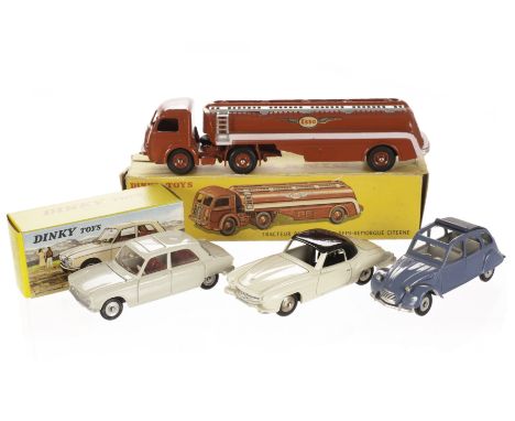A French Dinky Toys 32C Panhard 'Esso' Tanker, 510 Peugeot 204, in original boxes, loose 24h Mercedes 190SL, 500 Citroen 2CV,