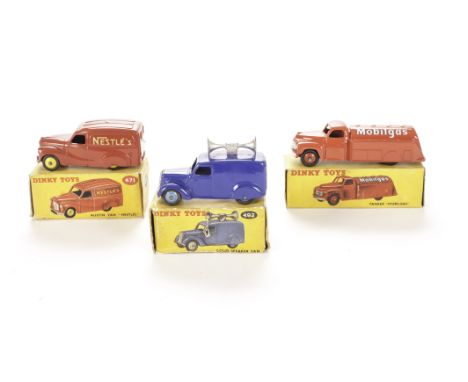 A Dinky Toys 471 Austin Van "Nestles", 440 Petrol Tanker "Mobilgas", 492 Loud Speaker Van, violet-blue body, mid-blue hubs, i