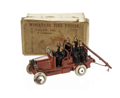 A Johillco Miniature Fire Engine, compete with six firemen, ladder and bell, in original box, repainted throughout, bell pole