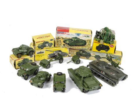 Dinky Toys 697 25-Pounder Field Gun Set, 688 Field Artillery Tractor, 670 Armoured Car (2), all with plastic hubs, 651 Centur