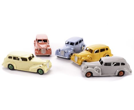 Dinky Toys 39a Packard Tourer, five examples, all fully repainted and restored, pink body, cream hubs, light blue body, cream
