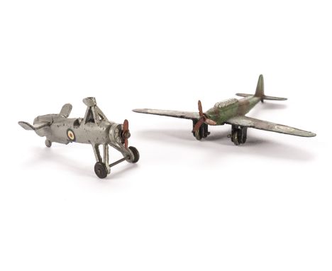 A Pre-War Dinky Toys 66f Army Co-operation Autogiro, silver body, red/white/blue roundels, red prop, 60s Medium Bomber, camou