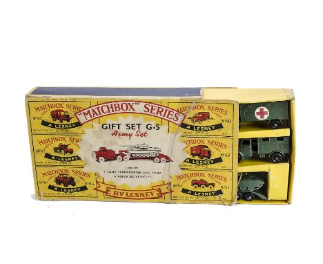 A Matchbox Building Army Gift Set G5, comprising eight military vehicles, in original box, VG-E, box F,  tape repair to lid a