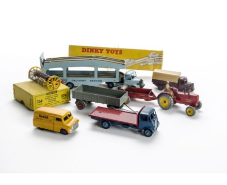 Dinky Toys Commercial & Farm Vehicles, 27k Hay Rake, 994 Loading Ramp, in original boxes, loose 480 Bedford Kodak Van, 30s Au