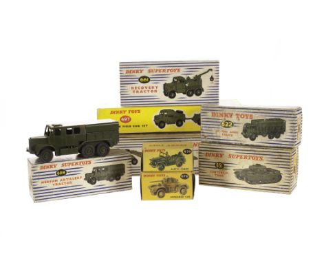 Military Dinky Toys, 661 Recovery Tractor, 622 10-Ton Army Truck, 689 Medium Artillery Tractor, 697 25-Pounder Field Gun Set,