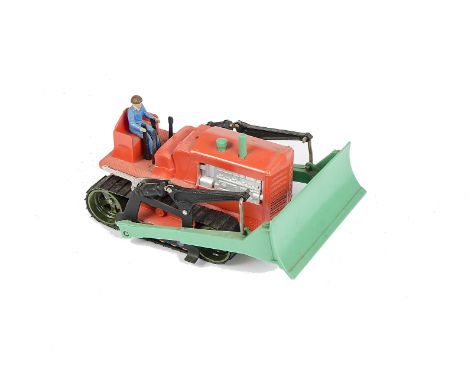 A Dinky Toys 961 Plastic Blaw-Knox Bulldozer, orange plastic body with silver engine detail, black diecast lifting gear, gree