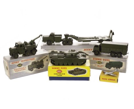 Dinky Supertoys 660 Tank Transporter, 622 10-Ton Army Truck, 651 Centurion Tank, 661 Recovery Tractor, 735 Gloster Javelin, 7