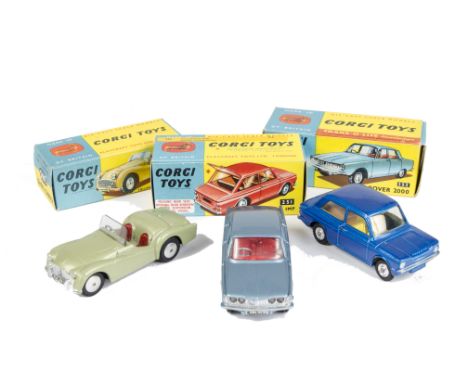 British Cars by Corgi Toys, 305 Triumph TR3 Sports Car, metallic olive green body, 252 Rover 2000, light metallic blue body, 