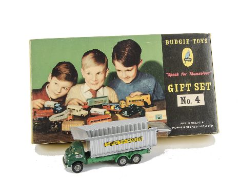 A Budgie Toys Gift Set No 4, comprising Timber Transporter, Bedford Tipper Long wheelbase in green with silver back, Horse Bo