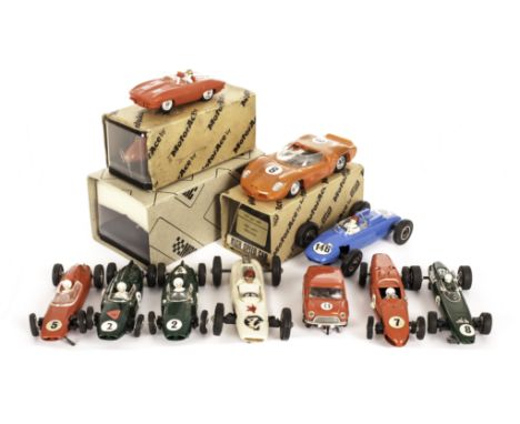 Slot Racing Cars, Airfix/M.R.R.C Ferrari 312T, Maserati, in original boxes, loose SRM Mini, Marx Corvette, Airfix Cooper (2),
