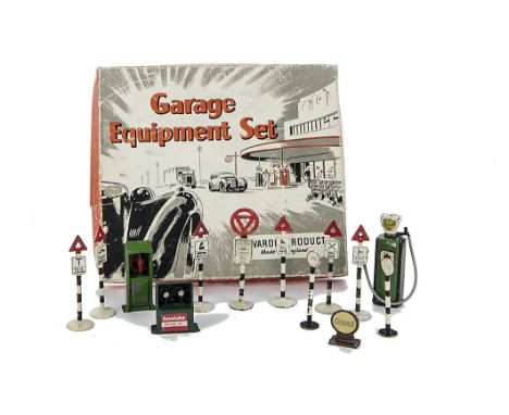 A Wardie Garage Equipment box with various contents: original Wardie box with Open/Close Sign and oil dispenser from original