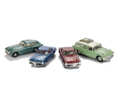 Tri-ang Spot-On unboxed Saloon and Estate Cars: Aston Martin  in metallic green, Mercedes Benz 230SL in metallic blue, and me