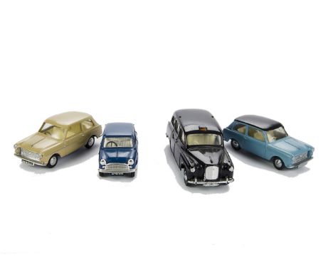 Tri-ang Spot-On unboxed Austin Cars: A40 in fawn, Austin Seven in blue, Austin Taxi FX4 in black and repainted A4 in light bl