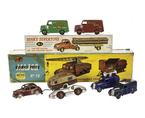 Dinky Toys 454 Trojan Van 'Cydrax', 455 'Brooke Bond', pre-war 30g Caravan, brown/tan, smooth black hubs, 492 Loud Speaker Va