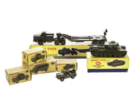 Dinky Toys 660 Tank Transporter, 651 Centurion Tank, 670 Armoured Car (2), 673 Scout Car, 621 3-Ton Army Wagon, in original b
