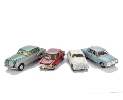 Tri-ang Spot-On unboxed saloon Cars: Austin 1800 in dark red, Jaguar 3.4 white Police Car (lacks Police sign), Bentley Saloon