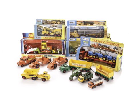 Matchbox King-Size K-17 Low Loader With Bulldozer, later Super Kings version, King-Size K-20 Tractor Transporter, K-12 Scamme
