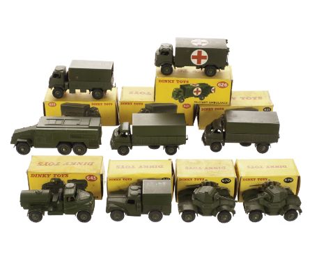 Military Dinky Toys, 621 3-Ton Army Wagon (2), 623 Army Covered Wagon, 626 Military Ambulance, 643 Army Water Tanker, 677 Arm