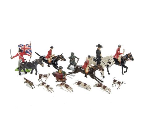 Britains lead Hunt figures, mounted (5), hounds (16), and fox, Timpo Hopalong Cassidy, Chad Valley racehorses (4), Deetail (3