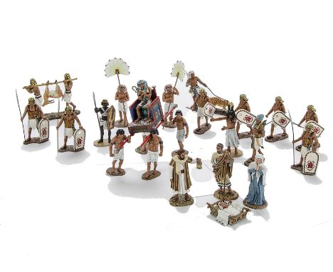 King & Country Ancient Egyptians series figures, Hunting figures, Pharoah in sedan chair, guards etc, (20 inc chair), with Li