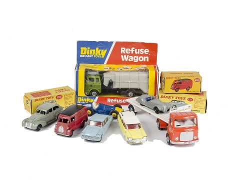 A Dinky Toys 978 Refuse Wagon, light metallic green cab, black chassis, 260 Royal Mail Van, 177 Opel Kapitan, 193 Rambler Sta