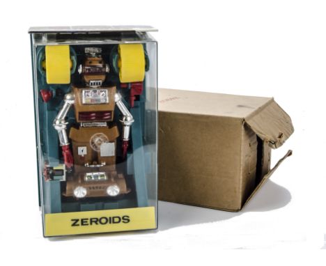 Ideal Toys Zobor Of The Mighty Zeroids, plastic motorized robot in original plastic case with outer card trade box, VG-E, box