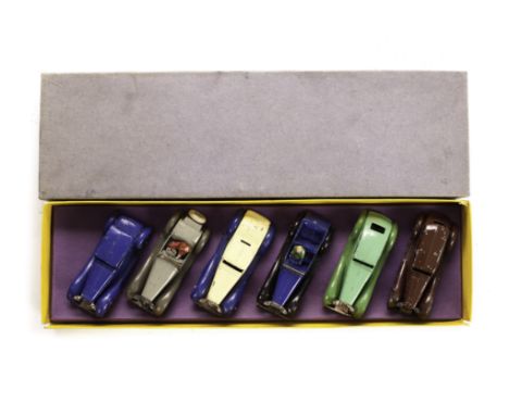 A Pre-War Dinky Toys No.36 Motor Cars Set, with drivers, passengers and footmen, comprising 36a Armstrong Siddeley, dark maro