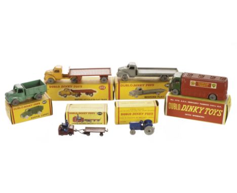 Dublo Dinky Toys, 076 Lansing Bagnall Tractor & Trailer, 069 Massey Harris Ferguson Tractor, 066 Beford Flat Truck, 072 Bedfo