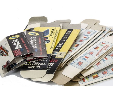 Budgie and Morestone Leaflets and empty boxes: Budgie, Leaflets (3, two the same), boxes 306 Tractor and 258 Ambulance, Mores