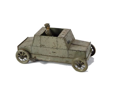 A Rare Burnett Ltd Tinplate Clockwork Light Armoured Car, possibly by Barringer, Wallis and Manners, grey lithographed body w