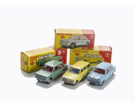 Dinky Toys Cars, 140 Morris 1100, light blue body, 141 Vauxhall Victor Estate, yellow body, blue interior, 138 Hillman Imp Sa