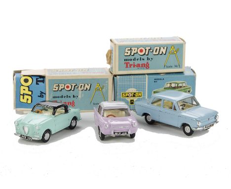 Tri-ang Spot-On small boxed Cars: 119 Meadows Frisky in lilac with grey roof, picture and club leaflet, 131 Goggomobile in tu