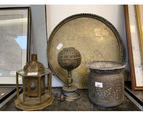 Various brassware to include Moroccan style light fitting, table lamp, large plate &amp; a bowl