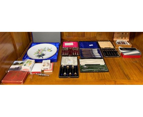Cased spoons, forks, knives, bird plate, cards etc