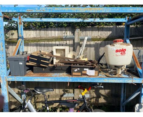 Quantity of assorted tools, tool box, backpack sprayer etc