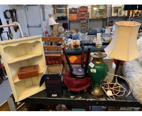 Oriental style lacquered trinket box, painted corner cupboard, other furniture, desk lamps &amp; wall hangings